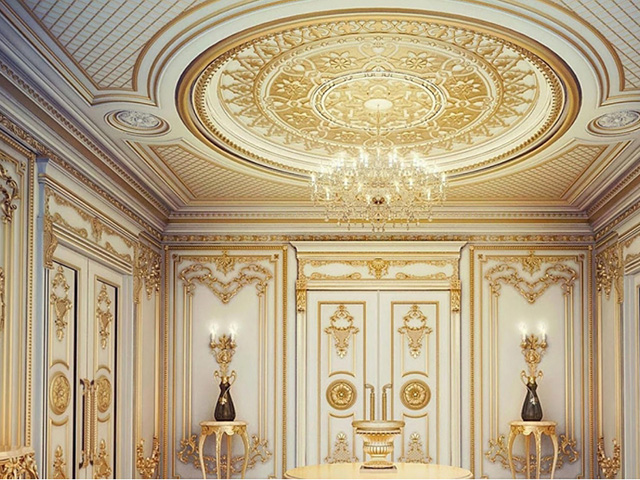 Thiết kế phào chỉ màu vàng và hoạ tiết hình trống đồng