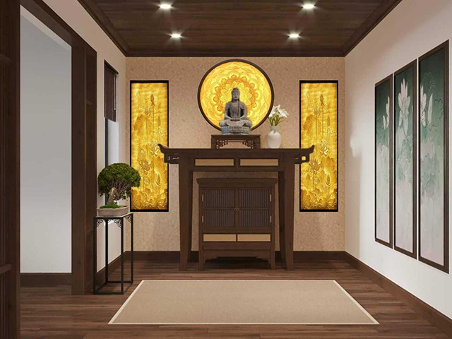 Phòng thờ màu nâu đất kết với với sơn tường màu trắng kem
