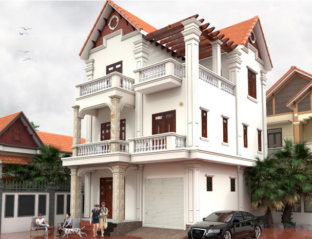 Mặt tiền nhà biệt thự trắng kem sữa
