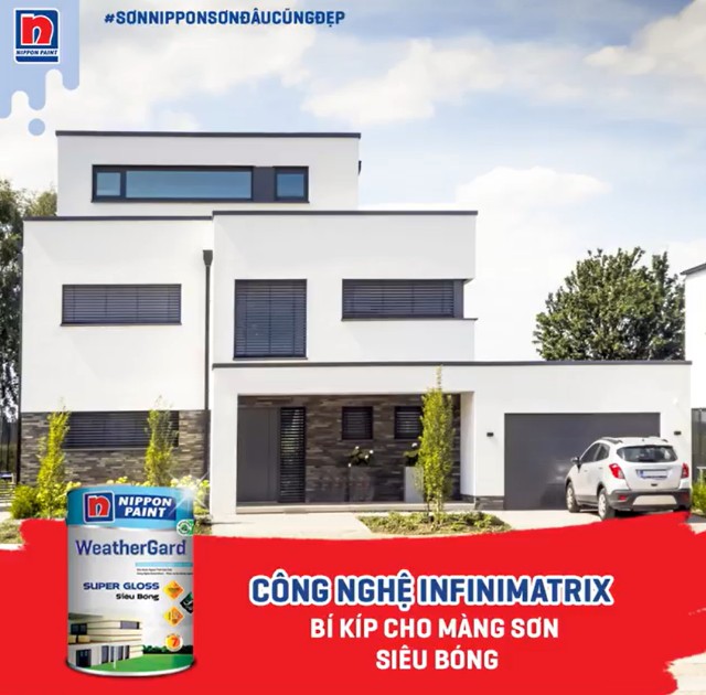 Mẫu sơn nhà chữ l đẹp với sơn Nippon WeatherGard Siêu Bóng sử dụng công nghệ INFINIMATRIX