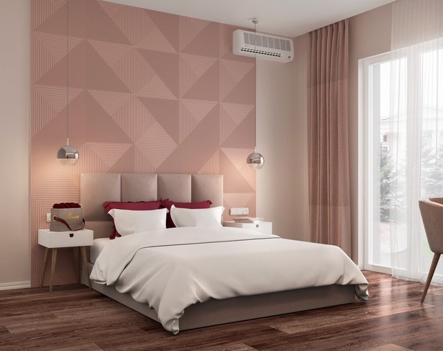 Nền hồng pastel kết hợp với mảng tường cỡ lớn cùng rèm cửa màu hồng đậm